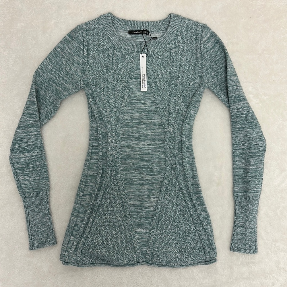 PattyBoutik sea green fitted cable knit sweater. New w/ tags, size xs